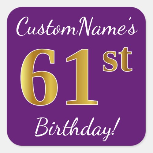 Purple Faux Gold 61st Birthday  Custom Name Square Sticker