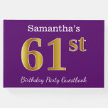 [ Thumbnail: Purple, Faux Gold 61st Birthday Party; Custom Name Guest Book ]