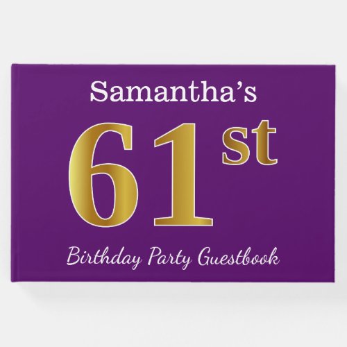 Purple Faux Gold 61st Birthday Party Custom Name Guest Book
