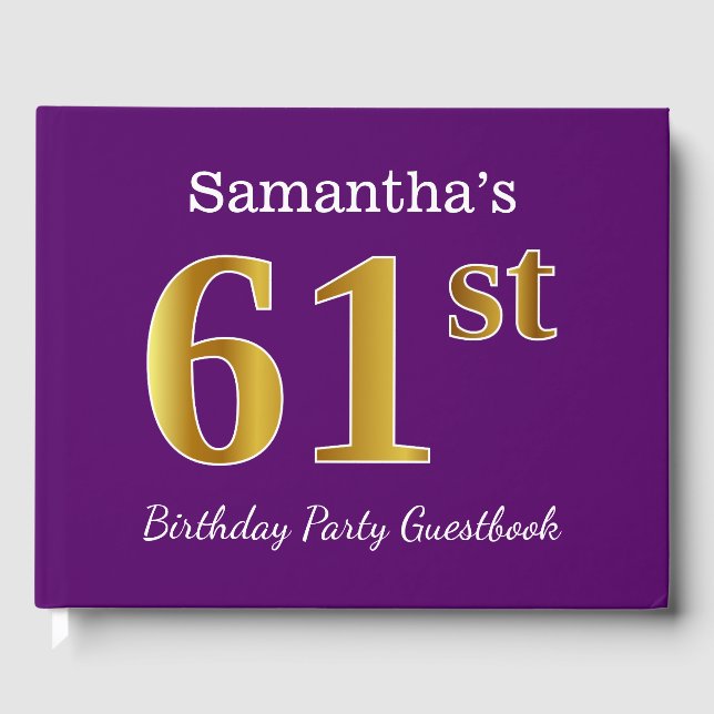 Purple, Faux Gold 61st Birthday Party; Custom Name Guest Book (Front)