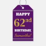 [ Thumbnail: Purple, Faux Gold 62nd Birthday + Custom Name Gift Tags ]