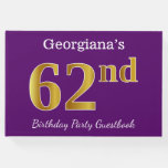 [ Thumbnail: Purple, Faux Gold 62nd Birthday Party; Custom Name Guest Book ]