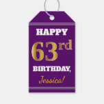 [ Thumbnail: Purple, Faux Gold 63rd Birthday + Custom Name Gift Tags ]