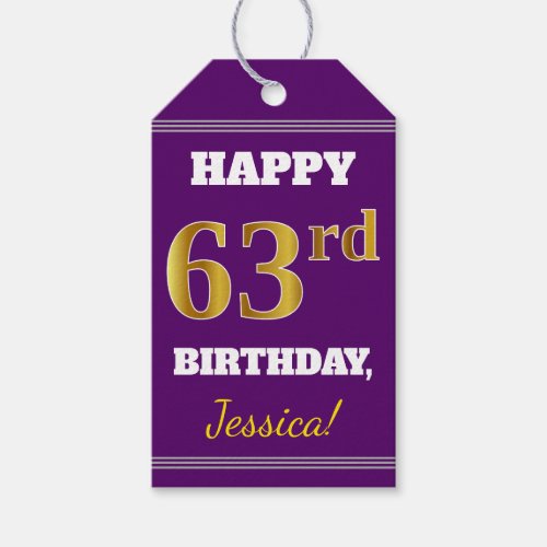 Purple Faux Gold 63rd Birthday  Custom Name Gift Tags