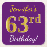 [ Thumbnail: Purple, Faux Gold 63rd Birthday + Custom Name Paper Coaster ]