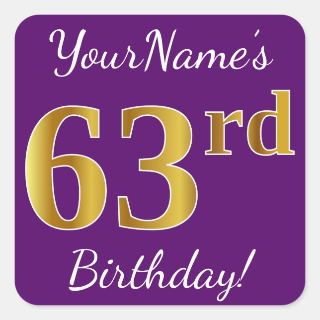 Purple, Faux Gold 63rd Birthday + Custom Name Square Sticker (Front)