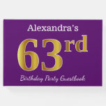 [ Thumbnail: Purple, Faux Gold 63rd Birthday Party; Custom Name Guest Book ]