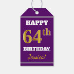 [ Thumbnail: Purple, Faux Gold 64th Birthday + Custom Name Gift Tags ]