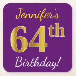 [ Thumbnail: Purple, Faux Gold 64th Birthday + Custom Name Paper Coaster ]