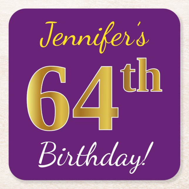 Purple, Faux Gold 64th Birthday + Custom Name Square Paper Coaster (Front)