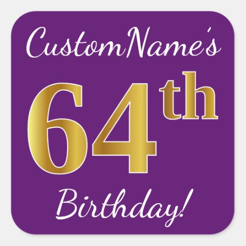 Purple Faux Gold 64th Birthday  Custom Name Square Sticker