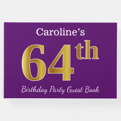 Purple Faux Gold 64th Birthday Party Custom Name Guest Book