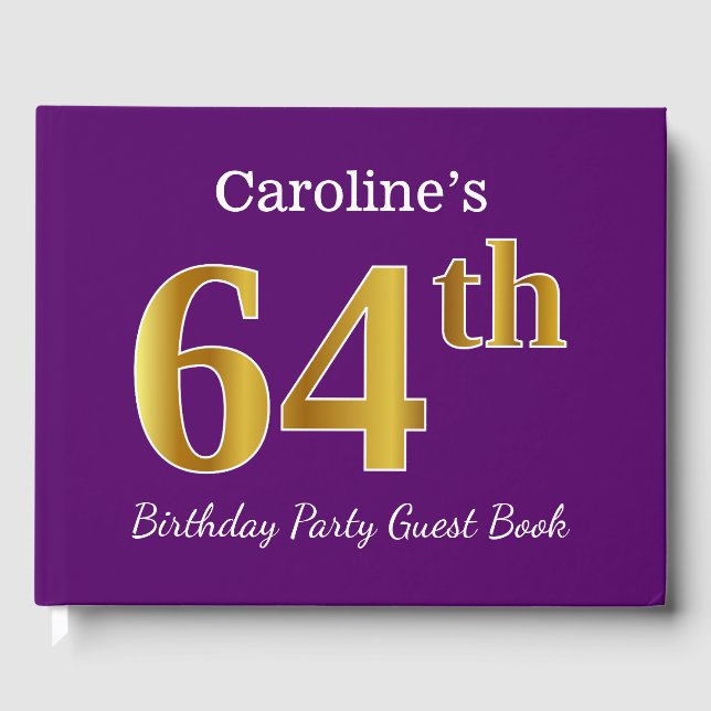 Purple, Faux Gold 64th Birthday Party; Custom Name Guest Book (Front)