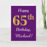 [ Thumbnail: Purple, Faux Gold 65th Birthday + Custom Name Card ]