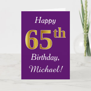 Purple, Faux Gold 65th Birthday + Custom Name Card