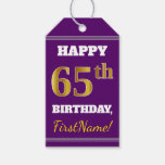 [ Thumbnail: Purple, Faux Gold 65th Birthday + Custom Name Gift Tags ]