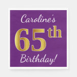 [ Thumbnail: Purple, Faux Gold 65th Birthday + Custom Name Napkins ]