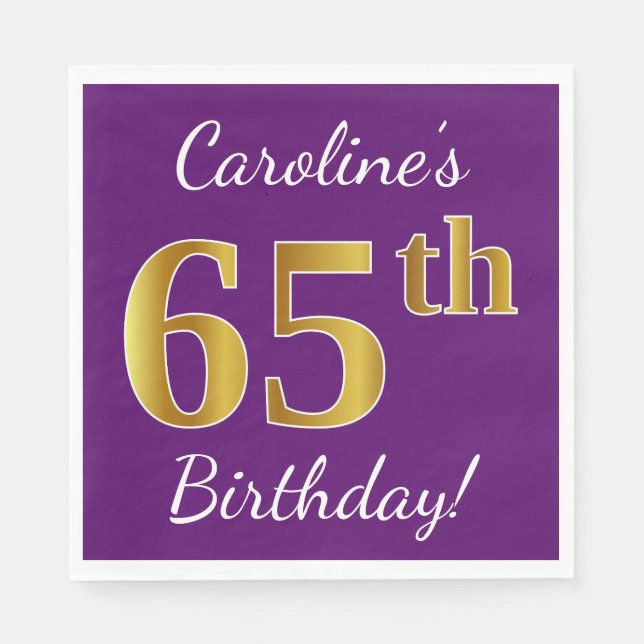 Purple, Faux Gold 65th Birthday + Custom Name Paper Napkins (Front)