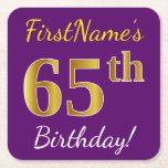 [ Thumbnail: Purple, Faux Gold 65th Birthday + Custom Name Paper Coaster ]