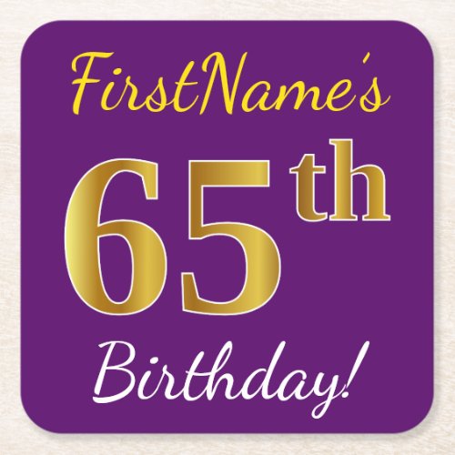 Purple Faux Gold 65th Birthday  Custom Name Square Paper Coaster