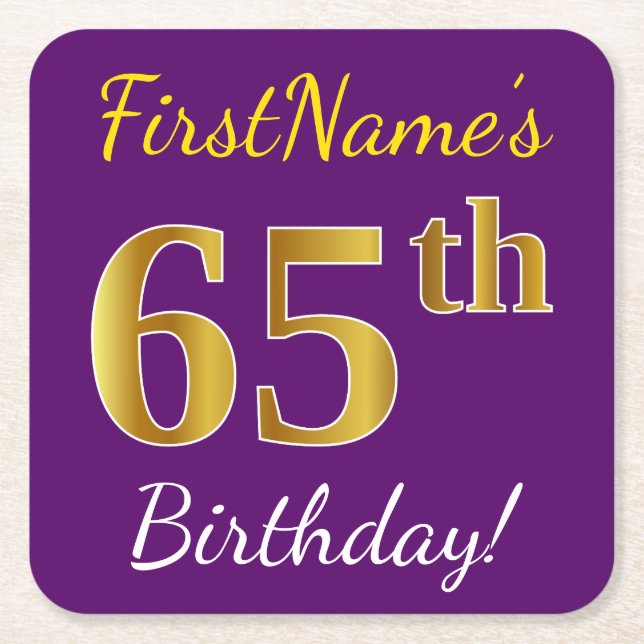 Purple, Faux Gold 65th Birthday + Custom Name Square Paper Coaster (Front)