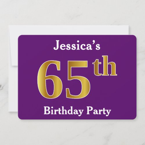 Purple Faux Gold 65th Birthday Party Custom Name Invitation