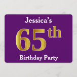 [ Thumbnail: Purple, Faux Gold 65th Birthday Party; Custom Name Invitation ]