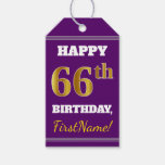 [ Thumbnail: Purple, Faux Gold 66th Birthday + Custom Name Gift Tags ]