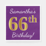 [ Thumbnail: Purple, Faux Gold 66th Birthday + Custom Name Paper Napkin ]