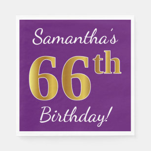 Purple, Faux Gold 66th Birthday + Custom Name Paper Napkins