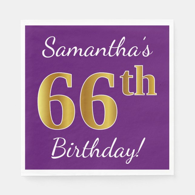 Purple, Faux Gold 66th Birthday + Custom Name Paper Napkins (Front)