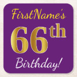 [ Thumbnail: Purple, Faux Gold 66th Birthday + Custom Name Paper Coaster ]