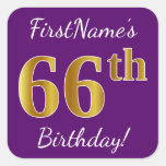 [ Thumbnail: Purple, Faux Gold 66th Birthday + Custom Name Sticker ]