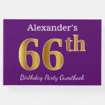 [ Thumbnail: Purple, Faux Gold 66th Birthday Party; Custom Name Guest Book ]