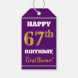 [ Thumbnail: Purple, Faux Gold 67th Birthday + Custom Name Gift Tags ]