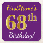 [ Thumbnail: Purple, Faux Gold 68th Birthday + Custom Name Paper Coaster ]