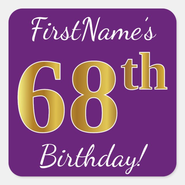 Purple, Faux Gold 68th Birthday + Custom Name Square Sticker (Front)
