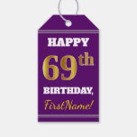 [ Thumbnail: Purple, Faux Gold 69th Birthday + Custom Name Gift Tags ]