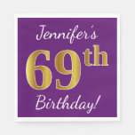 [ Thumbnail: Purple, Faux Gold 69th Birthday + Custom Name Napkins ]