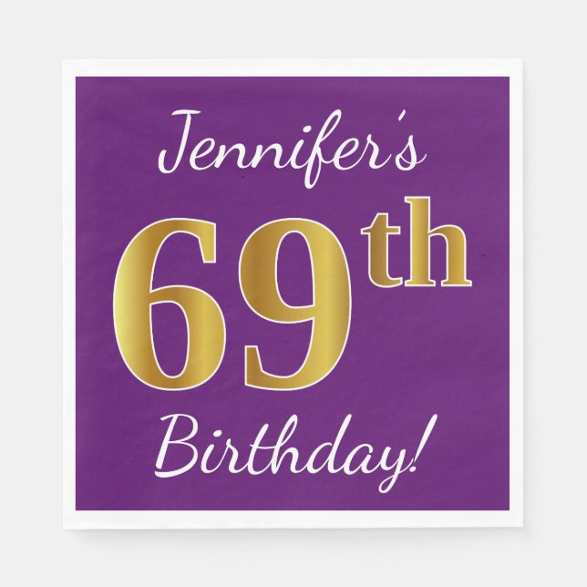 Purple, Faux Gold 69th Birthday + Custom Name Paper Napkins (Front)