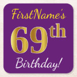 [ Thumbnail: Purple, Faux Gold 69th Birthday + Custom Name Paper Coaster ]