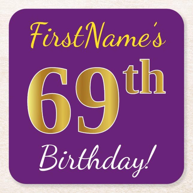 Purple, Faux Gold 69th Birthday + Custom Name Square Paper Coaster (Front)