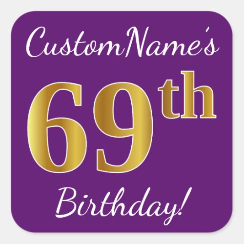 Purple Faux Gold 69th Birthday  Custom Name Square Sticker