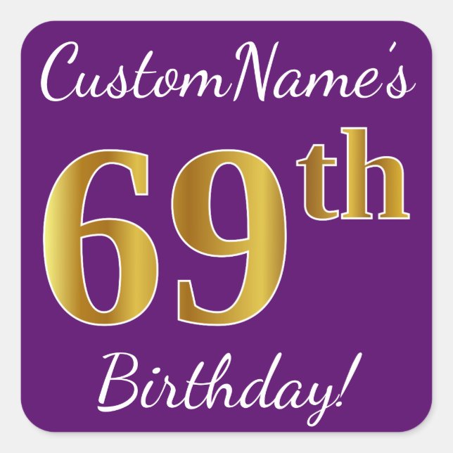 Purple, Faux Gold 69th Birthday + Custom Name Square Sticker (Front)