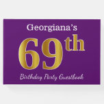 [ Thumbnail: Purple, Faux Gold 69th Birthday Party; Custom Name Guest Book ]