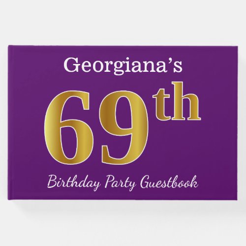 Purple Faux Gold 69th Birthday Party Custom Name Guest Book