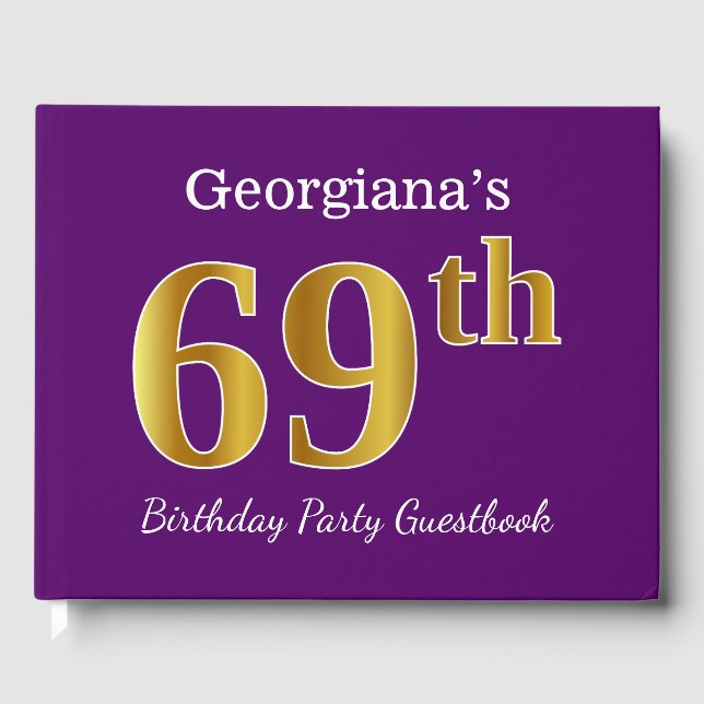 Purple, Faux Gold 69th Birthday Party; Custom Name Guest Book (Front)