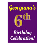 [ Thumbnail: Purple, Faux Gold 6th Birthday Celebration + Name Invitation ]
