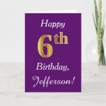 [ Thumbnail: Purple, Faux Gold 6th Birthday + Custom Name Card ]