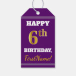 [ Thumbnail: Purple, Faux Gold 6th Birthday + Custom Name Gift Tags ]